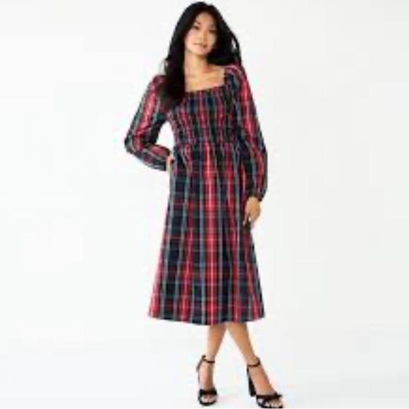 Draper James RSVP Smocked Plaid Check Puff Sleeve Tiered Midi Dress - Picture 2 of 14